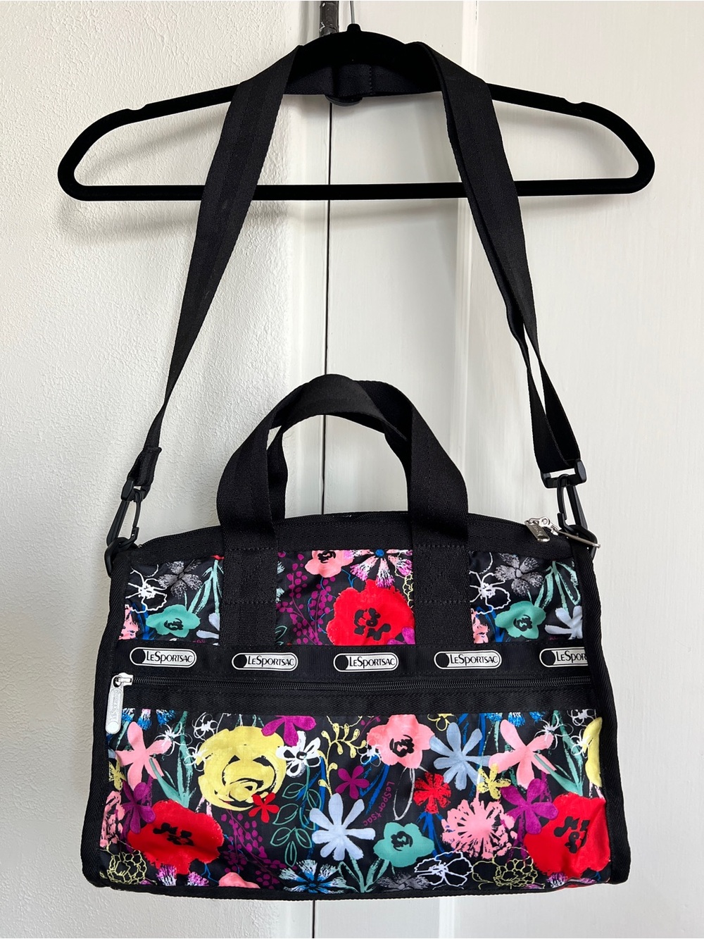 Lesportsac Black Floral Shoulder Satchel with Multicolor Blooms